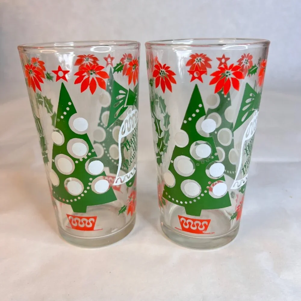 5 Vintage Hazel Atlas Tumblers Christmas Drinking Glasses Happy New Year 10 OZ‎